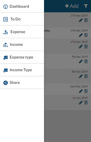 Aarvi Expense Manager options in mobile app