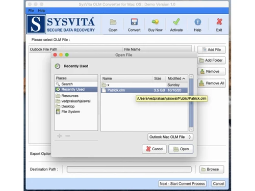 sysvita olm to pst converter-path