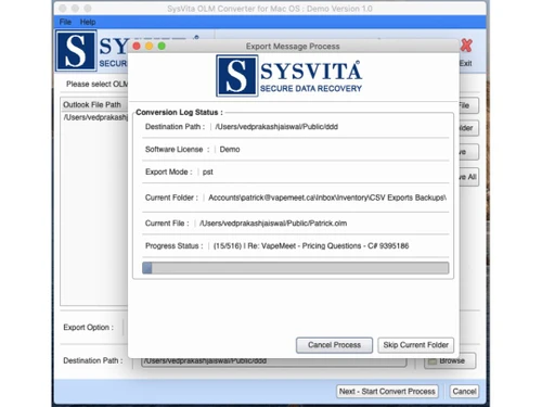 sysvita olm to pst converter-status