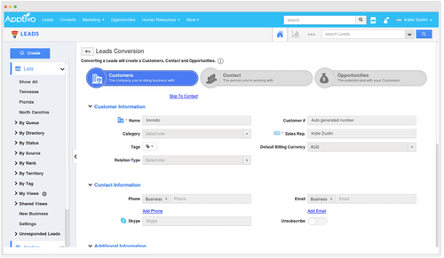 Apptivo Online CRM customer information
