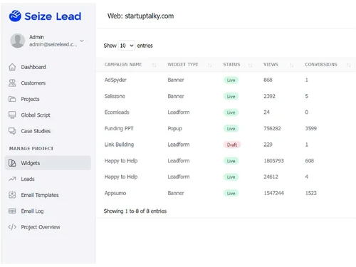seizelead dashboard