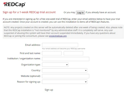 REDCap-Sign-up window