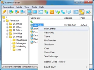 Radmin remote access menu