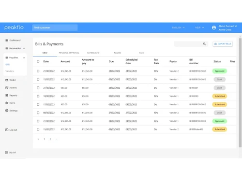 Peakflo bills and payments