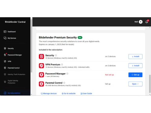 bitdefender premium security-dashboard