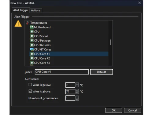 AIDA64 Extreme sensor alerts