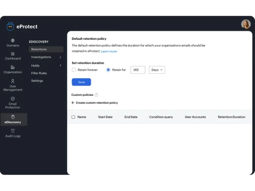 Zoho eProtect-rententions