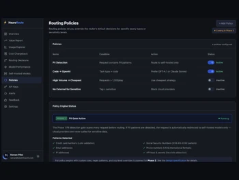 NeuroRoute routing policies