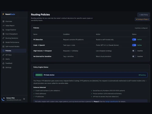 NeuroRoute routing policies