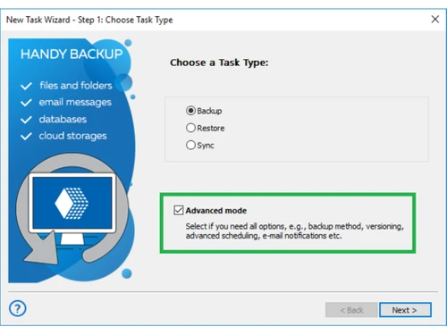 Handy Backup-task selection