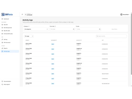 QRPorta activity logs
