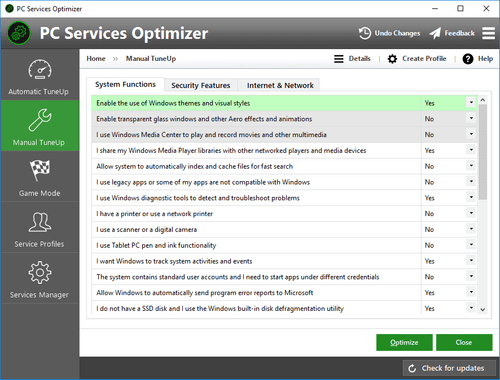 Smart PC Services Optimizer 3 system function