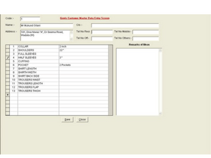 Customer Master (Gents) Data Entry Screen.