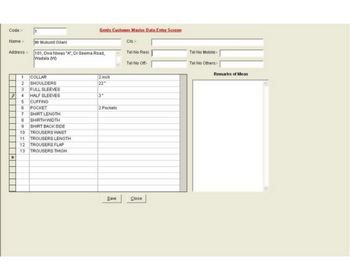 Customer Master (Gents) Data Entry Screen.