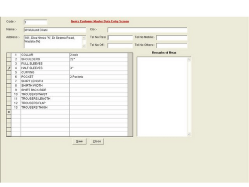Customer Master (Gents) Data Entry Screen.