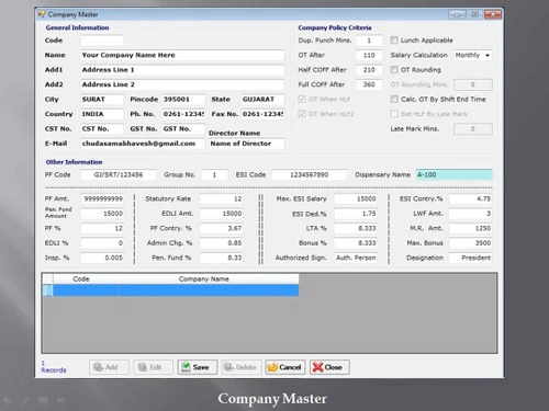 Sunrise Payroll company master